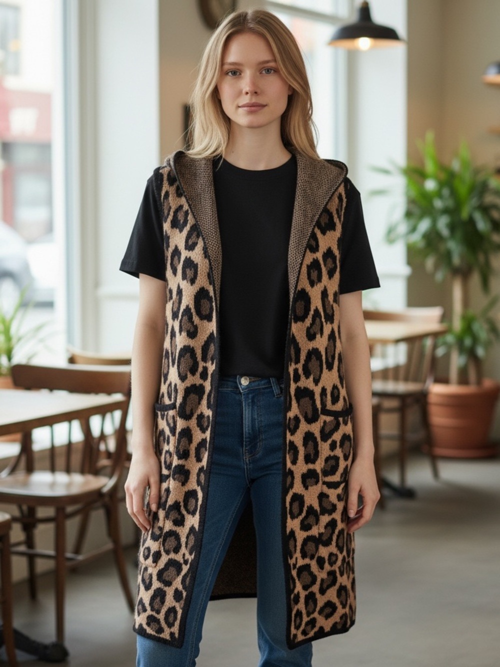 Christian Siriano Leopard Print Hooded Long Vest Sleeveless Women's Med. Sweater